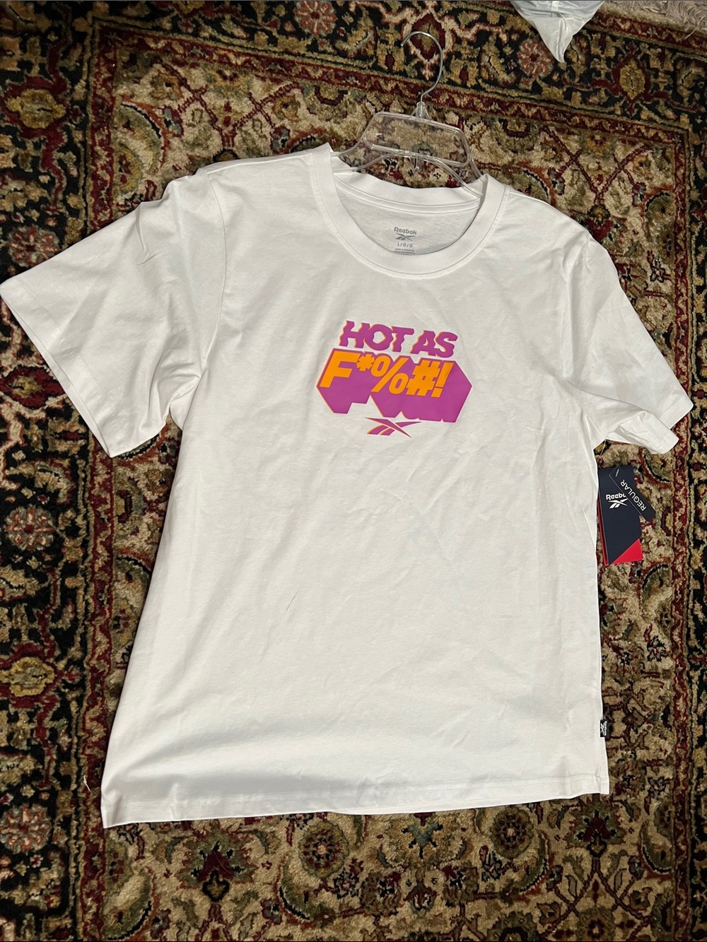 Reebok White Graphic Tee “Hot As F*%#!” Size Large Regular Tshirt New